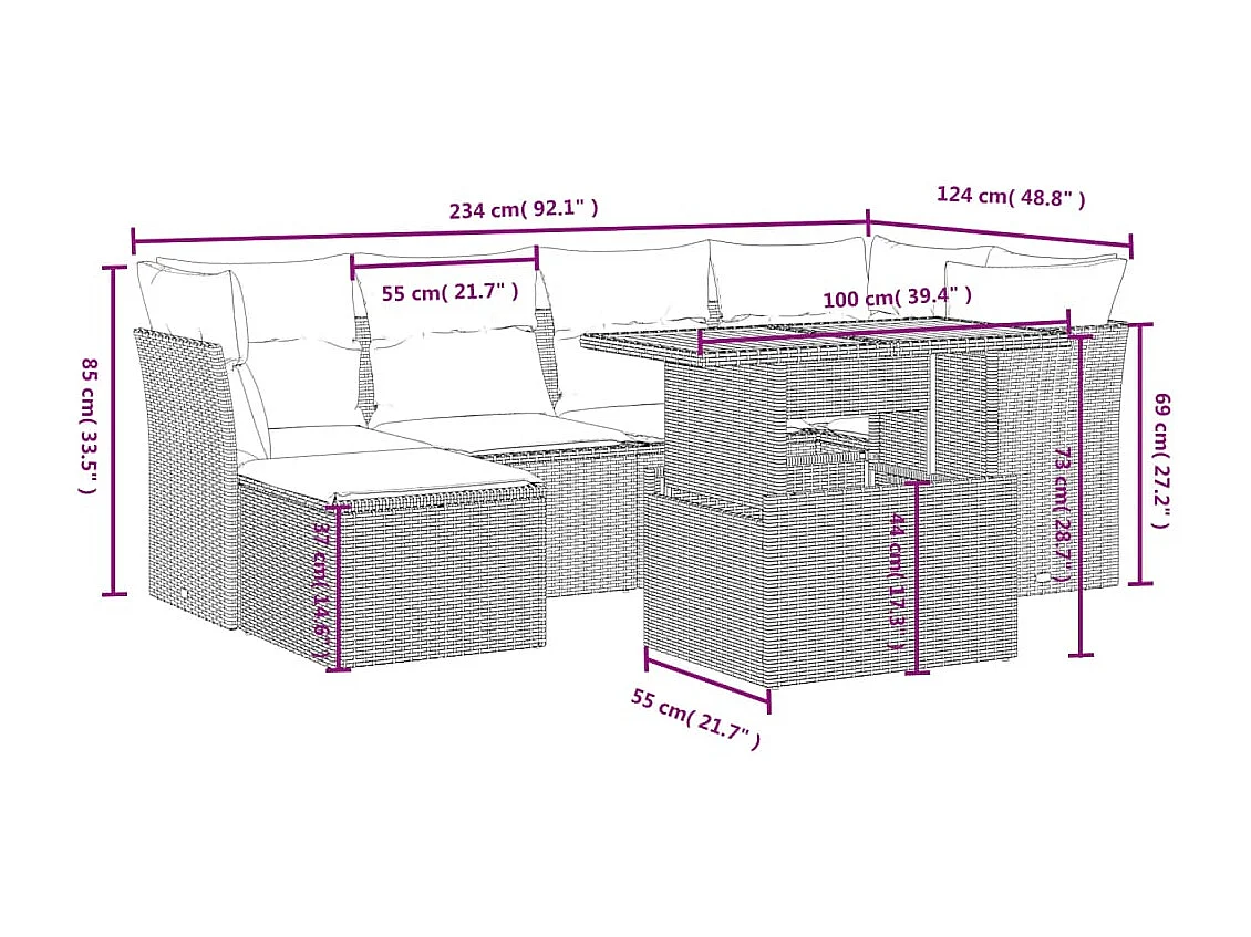 Set sofás de jardín 7 piezas y cojines ratán sintético beige