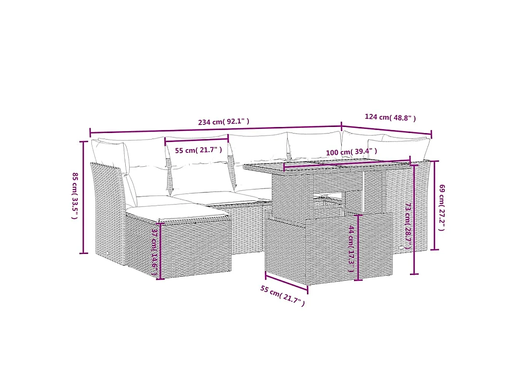 Set Divani da Giardino 7 pz con Cuscini Beige in Polyrattan