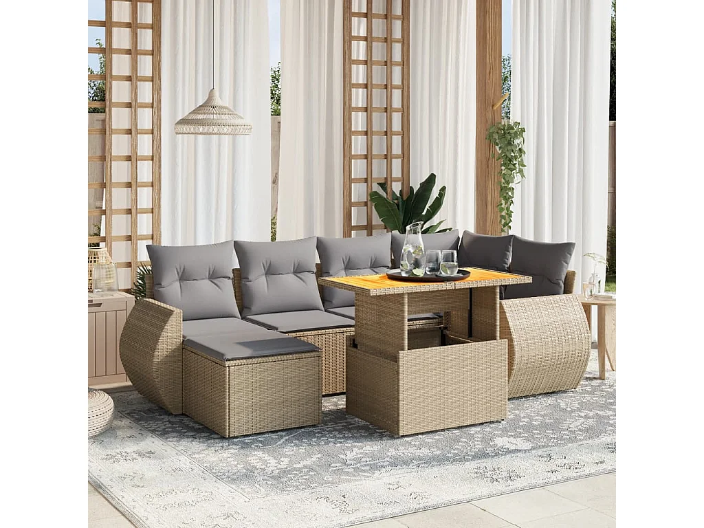 Salon de jardin avec coussins 7 pcs beige résine tressée