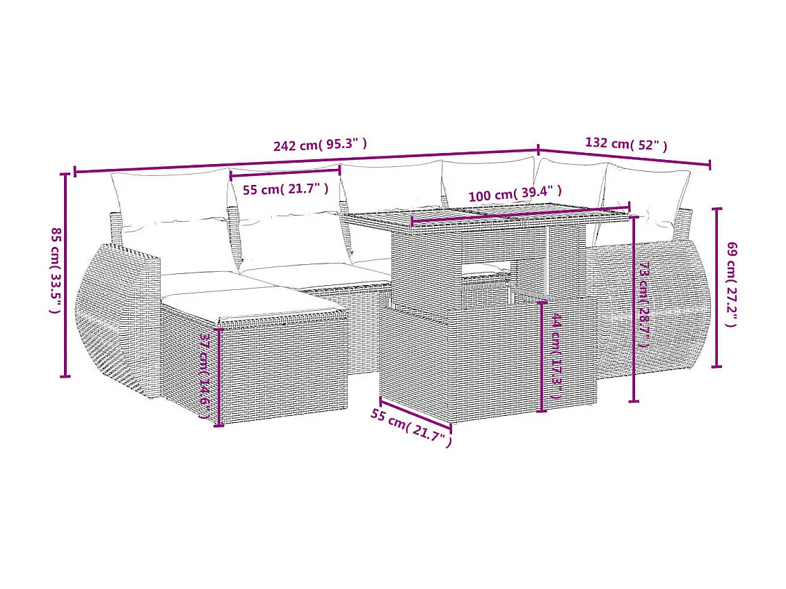 Salon de jardin avec coussins 7 pcs beige résine tressée