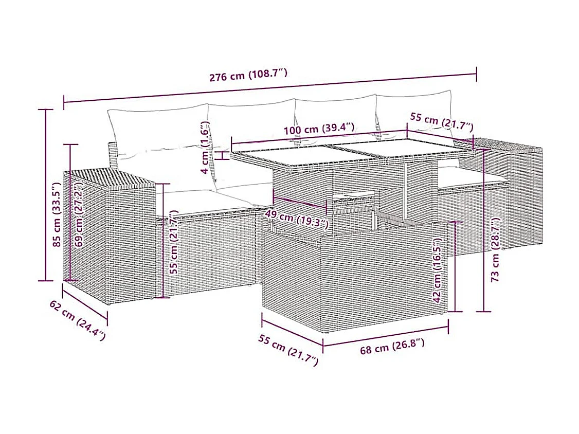 Salon de jardin avec coussins 5 pcs marron résine tressée