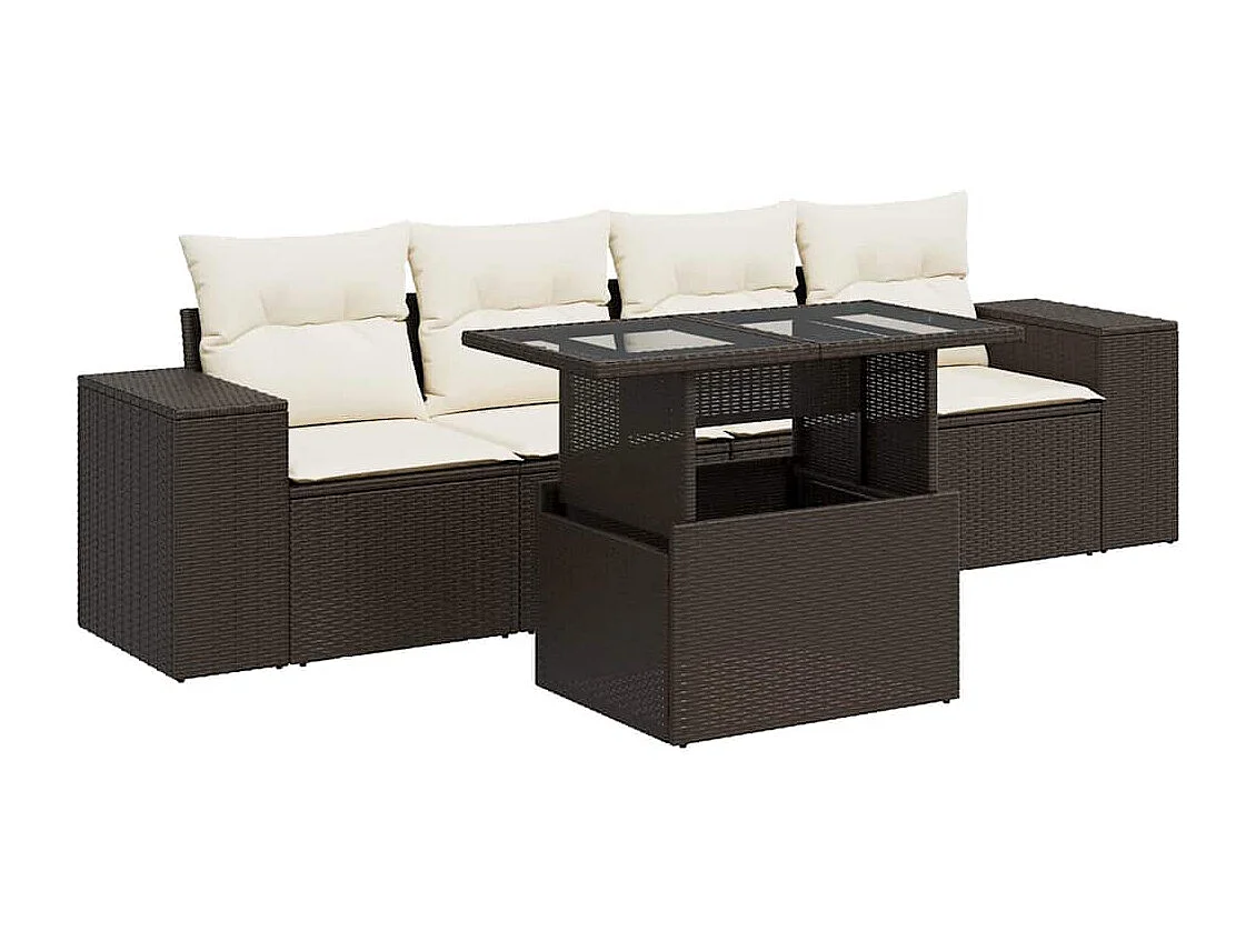 5-delige Loungeset met kussens poly rattan bruin