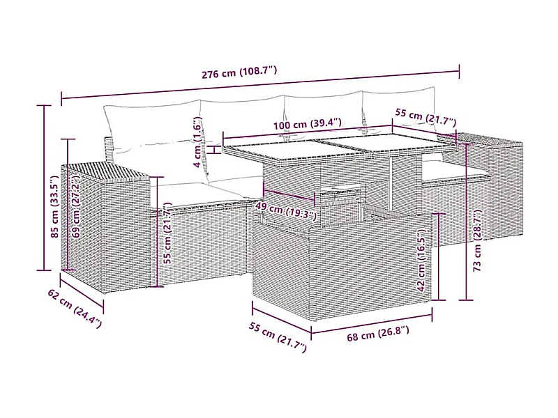 5 pcs conjunto sofás p/ jardim c/ almofadões vime PE castanho