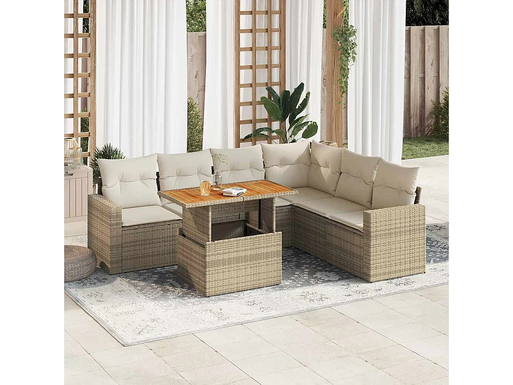 Set Divani da Giardino 7 pz con Cuscini Beige in Polyrattan
