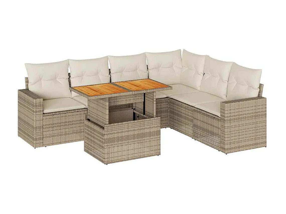 Set Divani da Giardino 7 pz con Cuscini Beige in Polyrattan