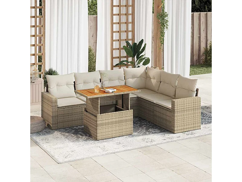 Set Divani da Giardino 7 pz con Cuscini Beige in Polyrattan