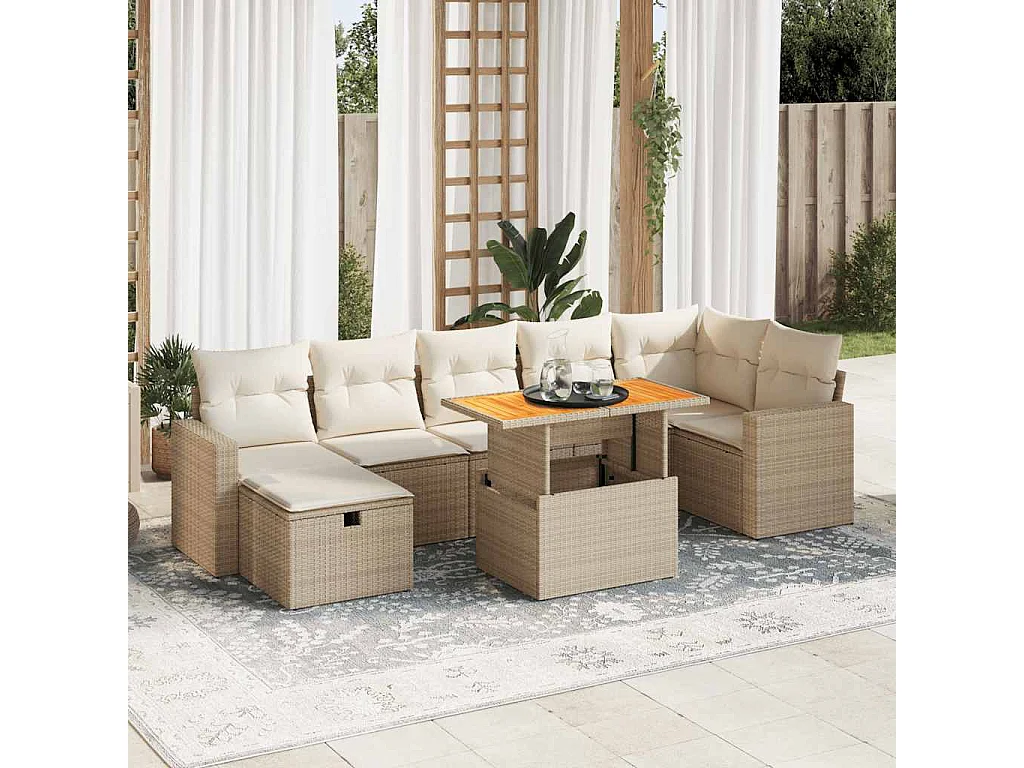 5 pcs conj. sofás p/ jardim c/ almofadões vime PE/acácia bege