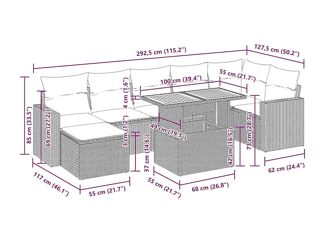 5 pcs conj. sofás p/ jardim c/ almofadões vime PE/acácia bege