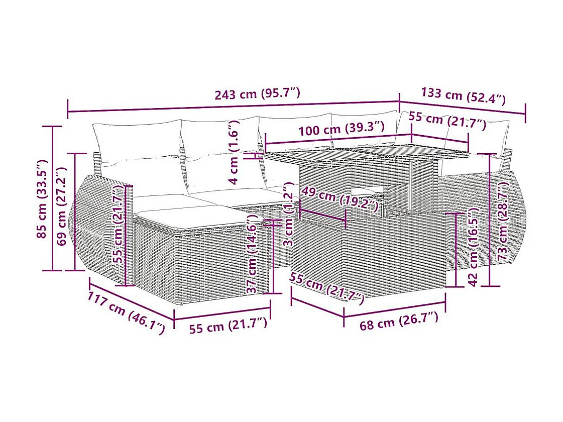 Salon de jardin avec coussins 7 pcs beige résine tressée