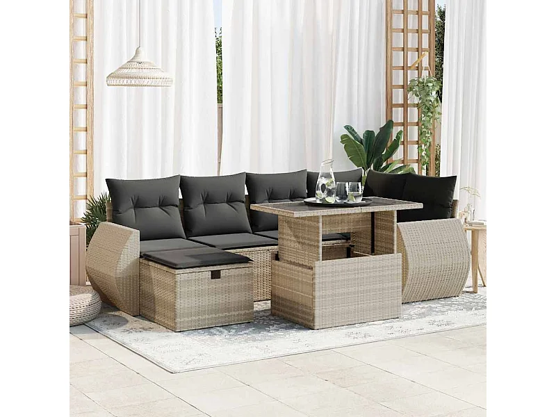 Salon de jardin avec coussins 7 pcs gris clair résine tressée