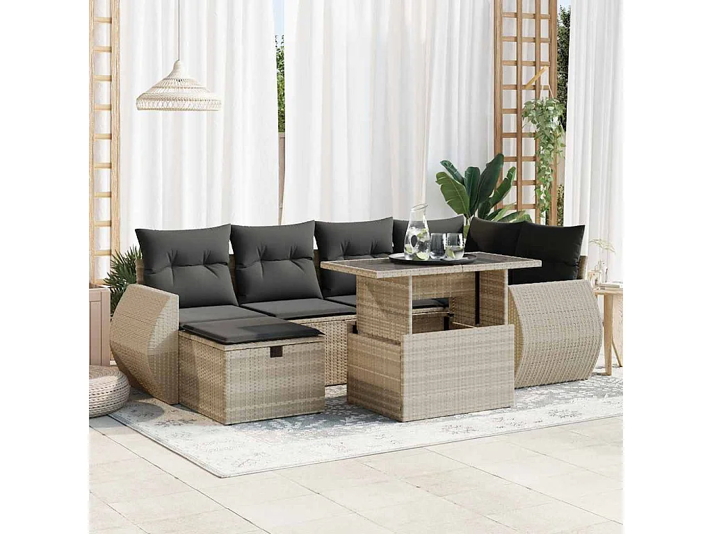 Salon de jardin avec coussins 7 pcs gris clair résine tressée