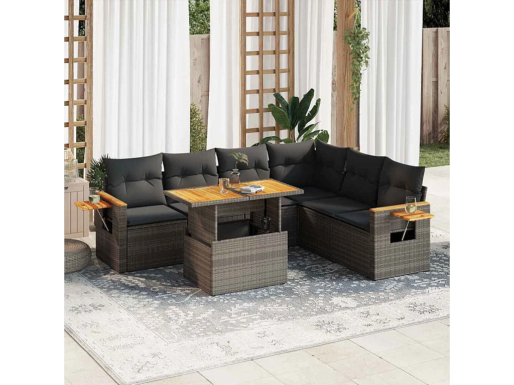 Salon de jardin avec coussins 7 pcs gris résine tressée acacia