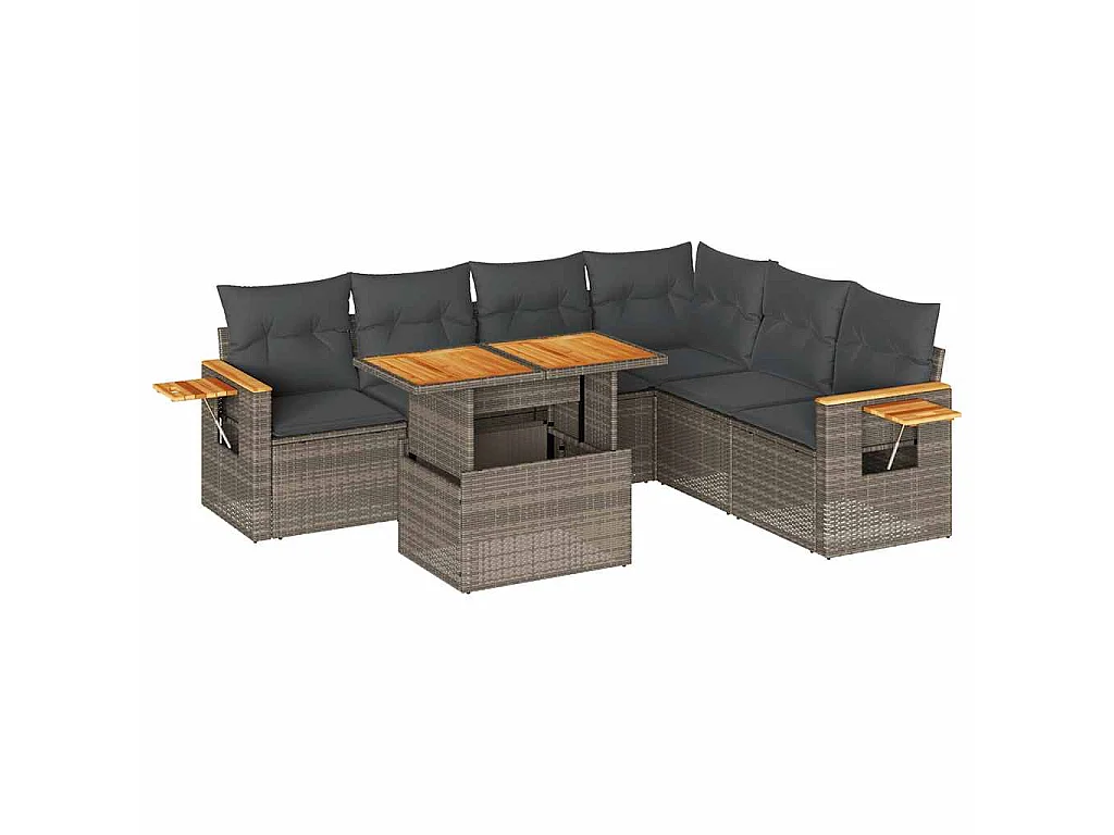 7-delige Loungeset met kussens poly rattan acacia grijs