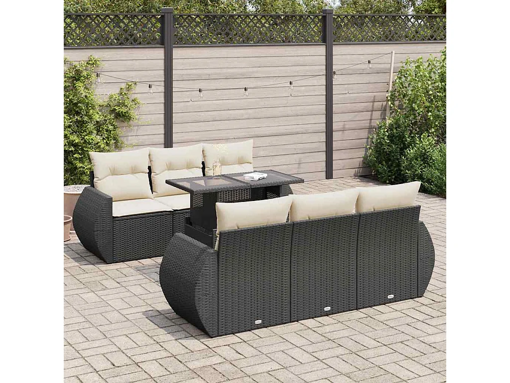 7-tlg. Garten-Sofagarnitur mit Kissen Schwarz Poly Rattan