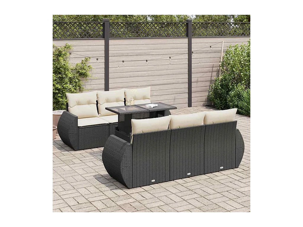 7-delige Loungeset met kussens poly rattan zwart