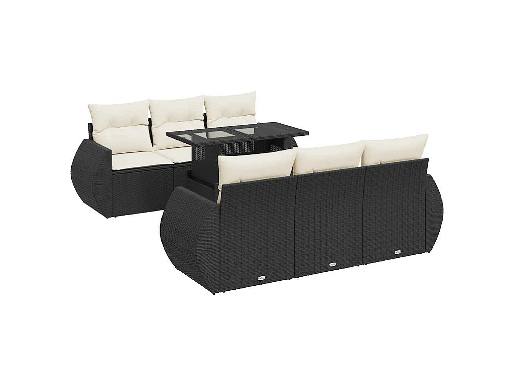 7-delige Loungeset met kussens poly rattan zwart