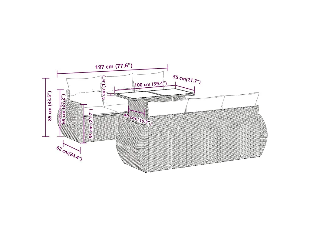 7-delige Loungeset met kussens poly rattan zwart