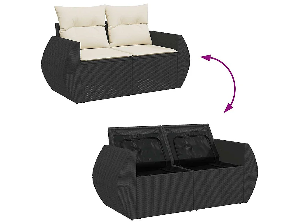 7-delige Loungeset met kussens poly rattan zwart