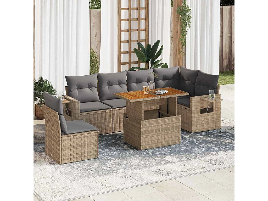 7-delige Loungeset met kussens poly rattan beige