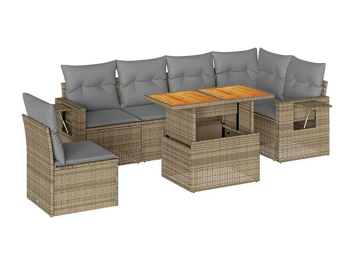 7-delige Loungeset met kussens poly rattan beige