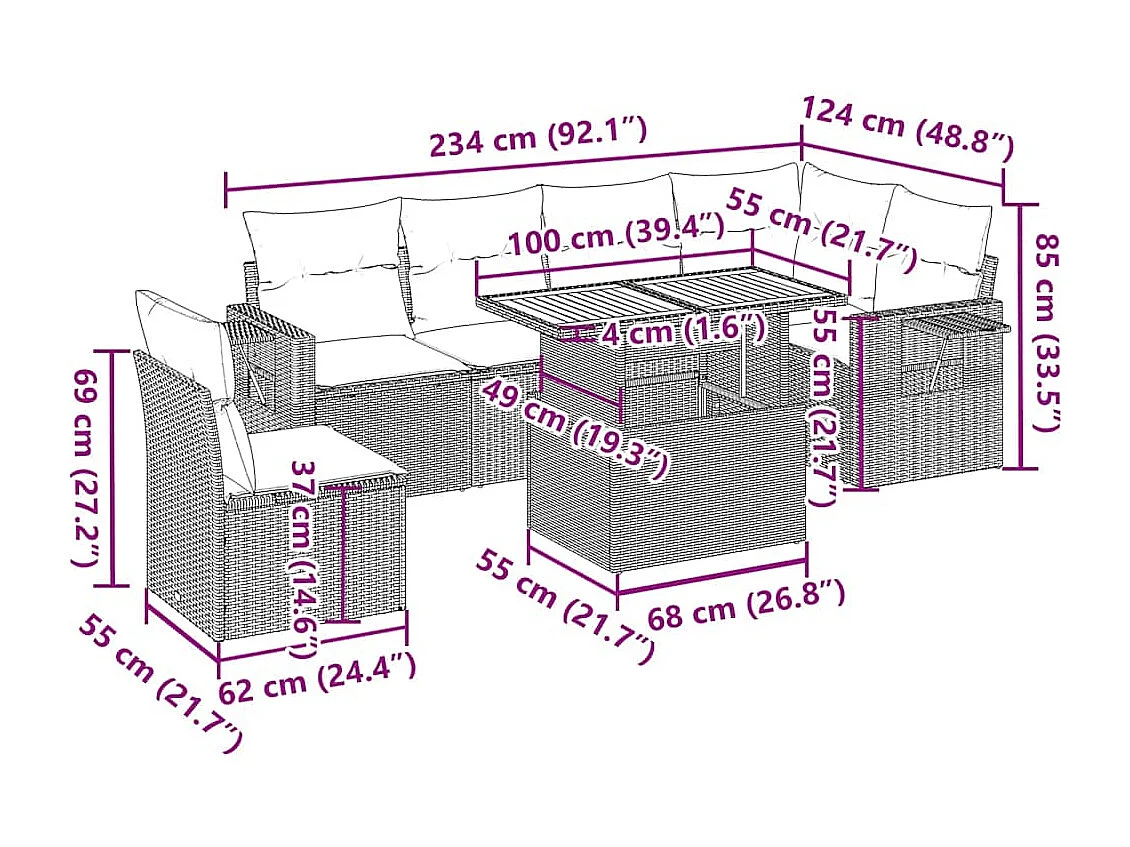 7-delige Loungeset met kussens poly rattan beige