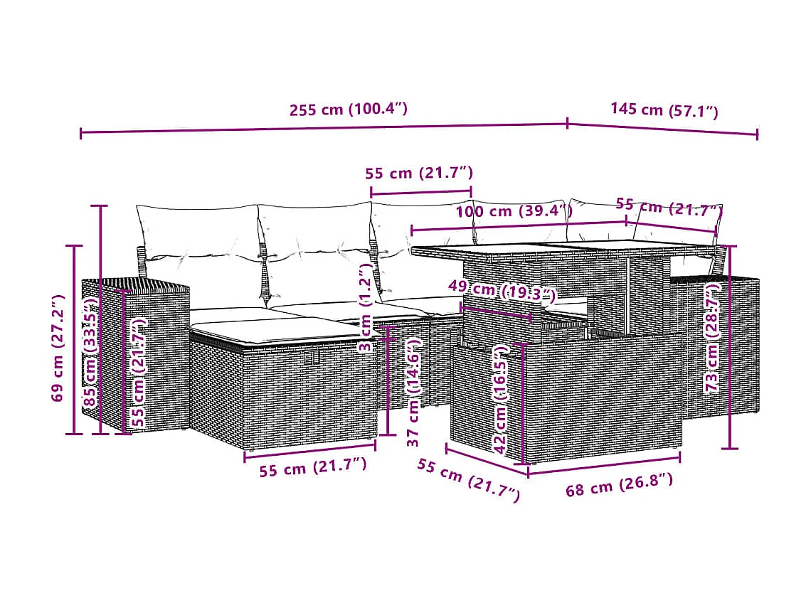 7 pcs conjunto de sofás p/ jardim com almofadões vime PE bege