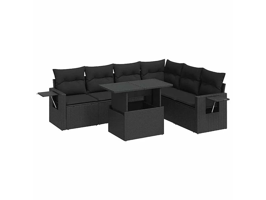 7 pcs conjunto de sofás p/ jardim c/ almofadões vime PE preto