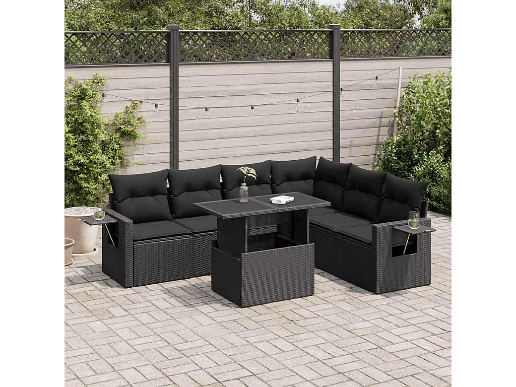 7 pcs conjunto de sofás p/ jardim c/ almofadões vime PE preto