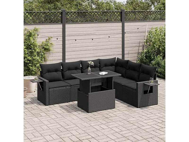 Salon de jardin 7 pcs avec coussins noir résine tressée