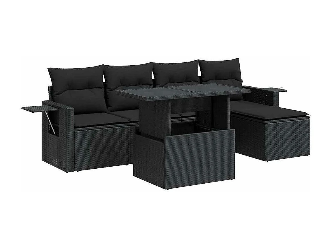 Salon de jardin 6 pcs avec coussins noir résine tressée