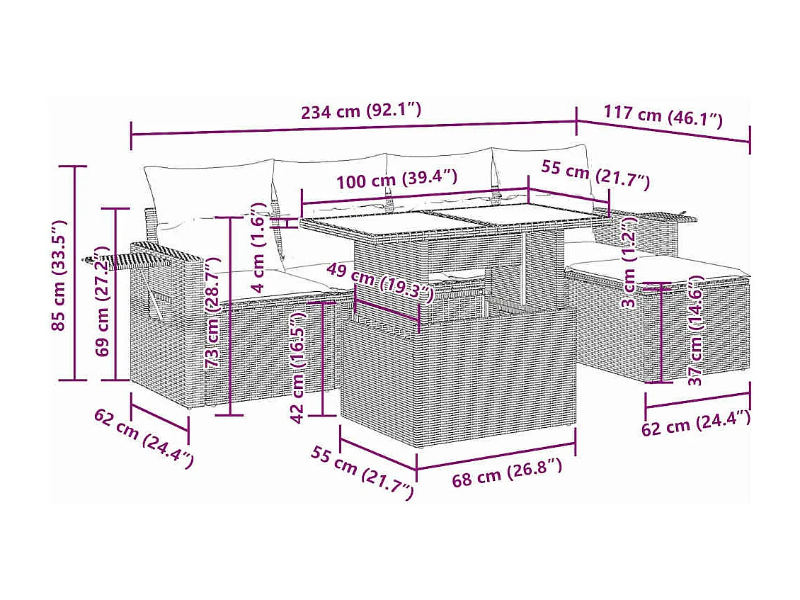 Salon de jardin 6 pcs avec coussins noir résine tressée