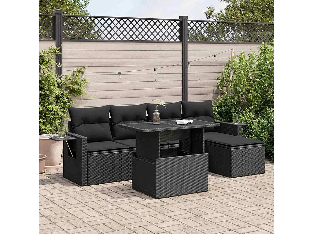 Set de sofás de jardín 6 piezas y cojines ratán sintético negro