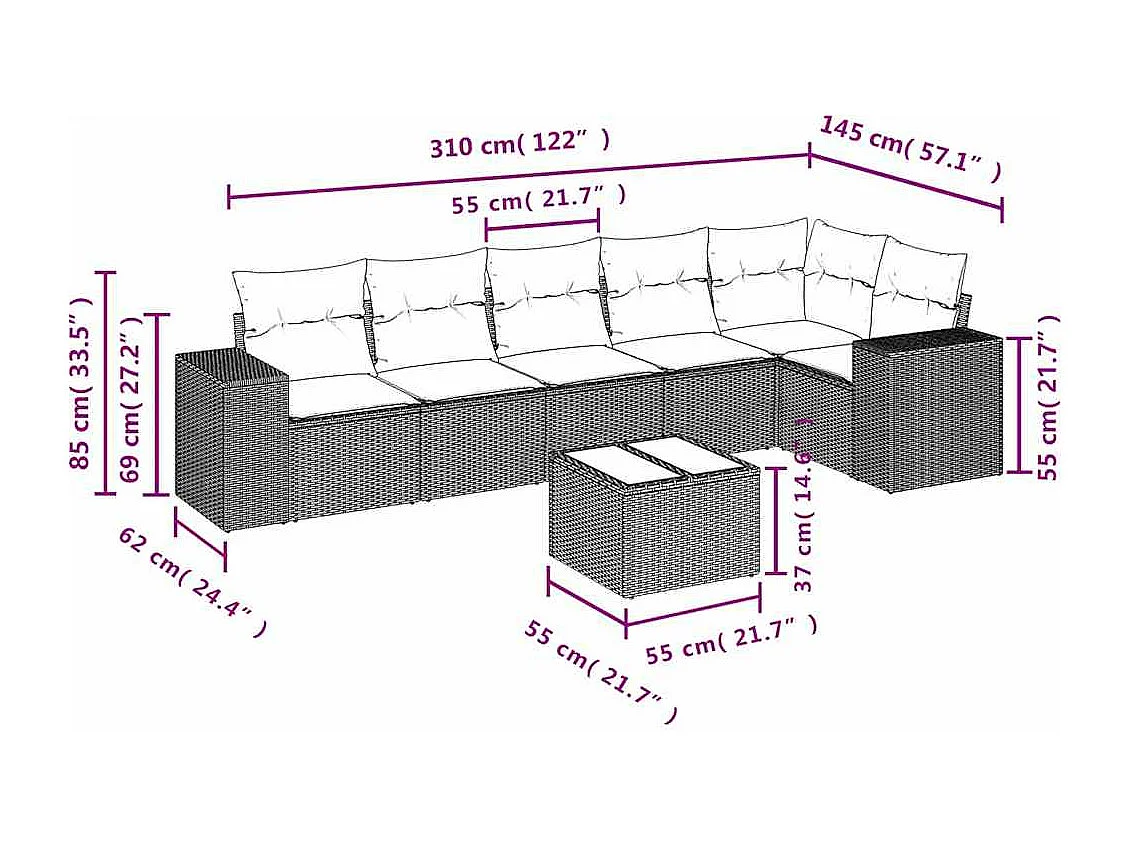 Salon de jardin avec coussins 7 pcs marron résine tressée