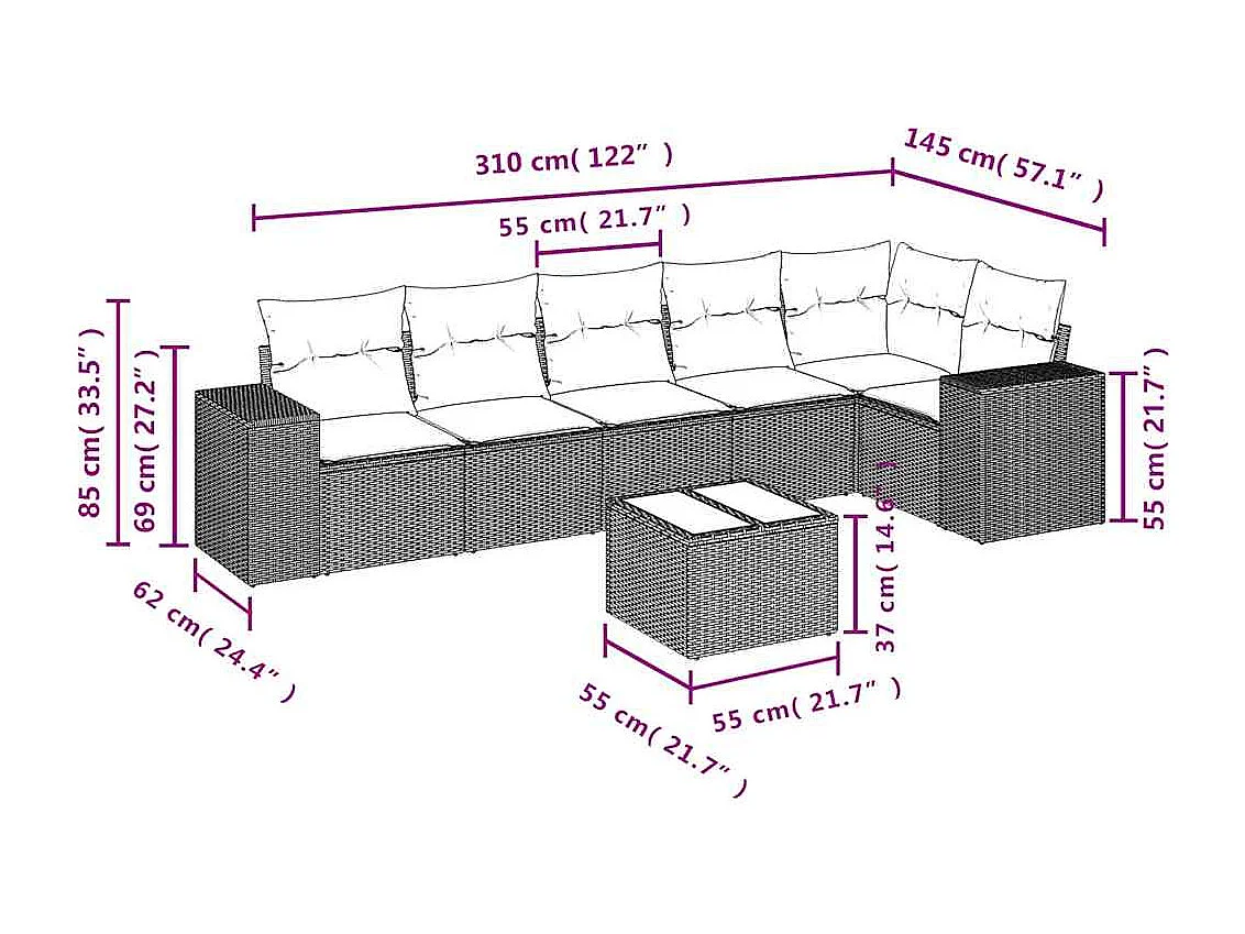 Salon de jardin avec coussins 7 pcs marron résine tressée