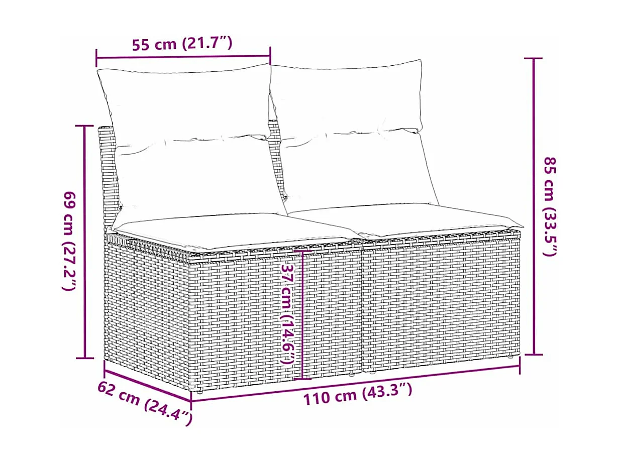 Salon de jardin avec coussins 2 pcs noir résine tressée acacia