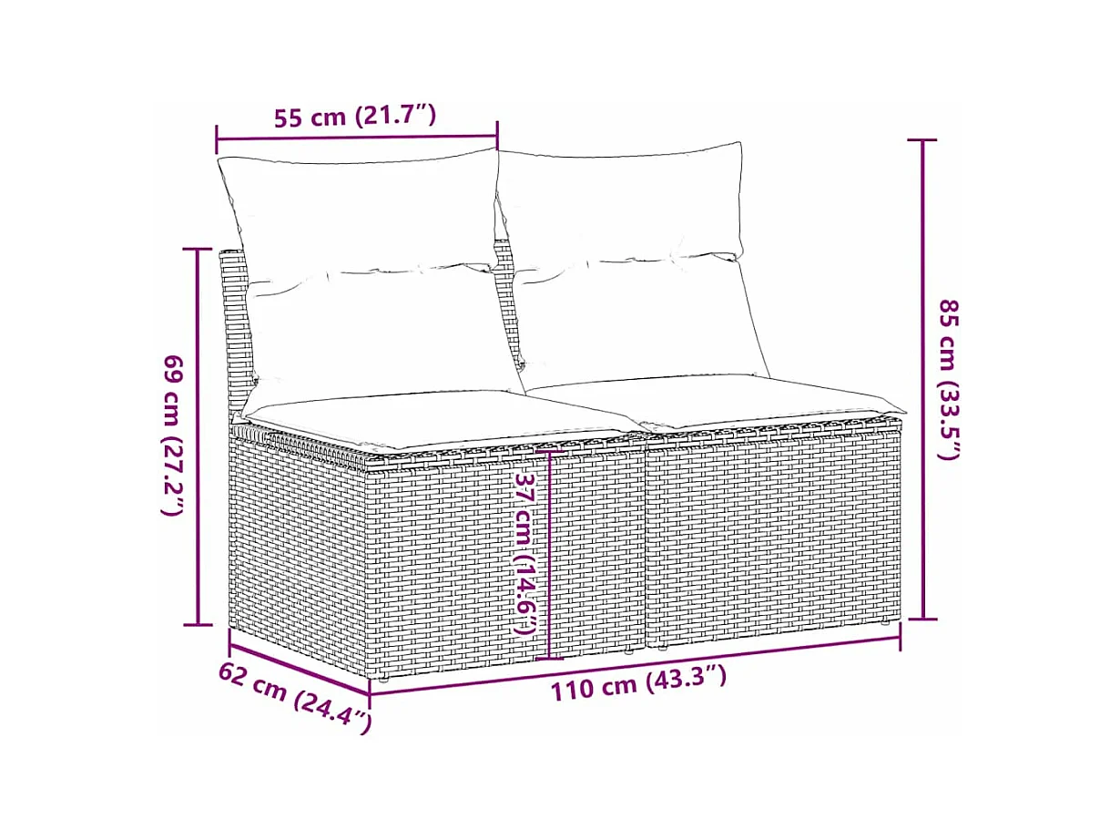 2-tlg. Garten-Sofagarnitur mit Kissen Schwarz Poly Rattan