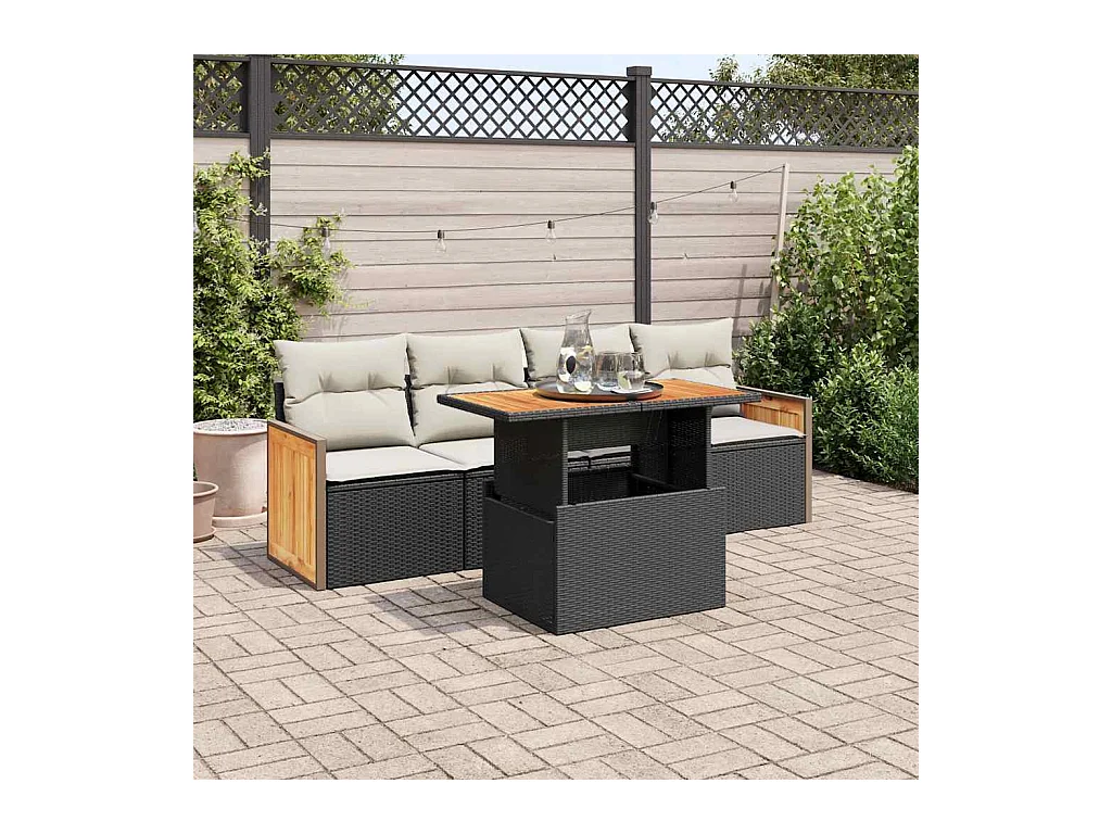 Salon de jardin 5 pcs avec coussins noir résine tressée acacia