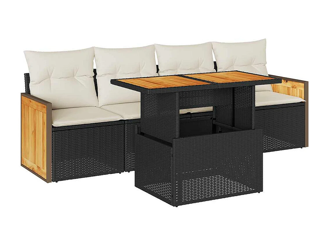 Salon de jardin 5 pcs avec coussins noir résine tressée acacia