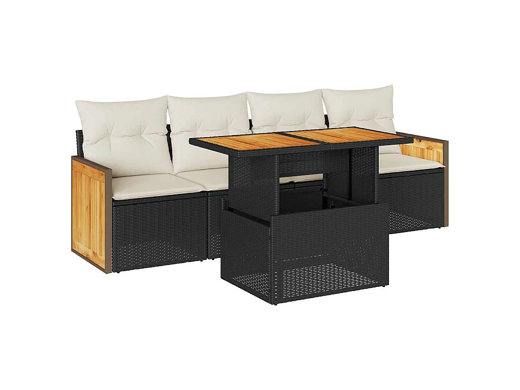 Salon de jardin 5 pcs avec coussins noir résine tressée acacia