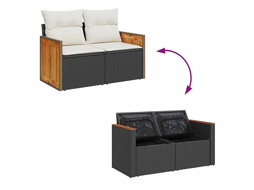 Salon de jardin 5 pcs avec coussins noir résine tressée acacia