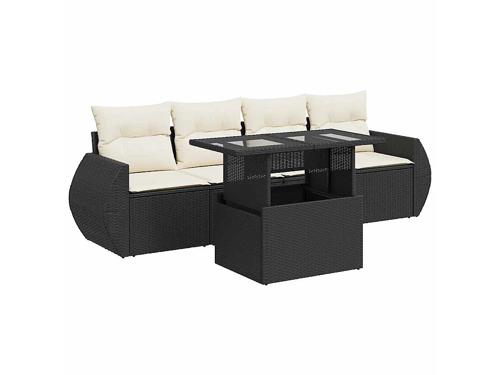 Salon de jardin 5 pcs avec coussins noir résine tressée