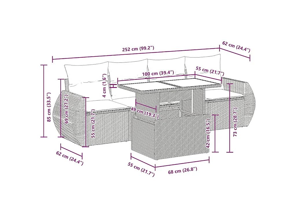 Salon de jardin 5 pcs avec coussins noir résine tressée