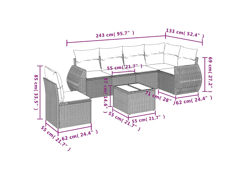 7-delige Loungeset met kussens poly rattan bruin