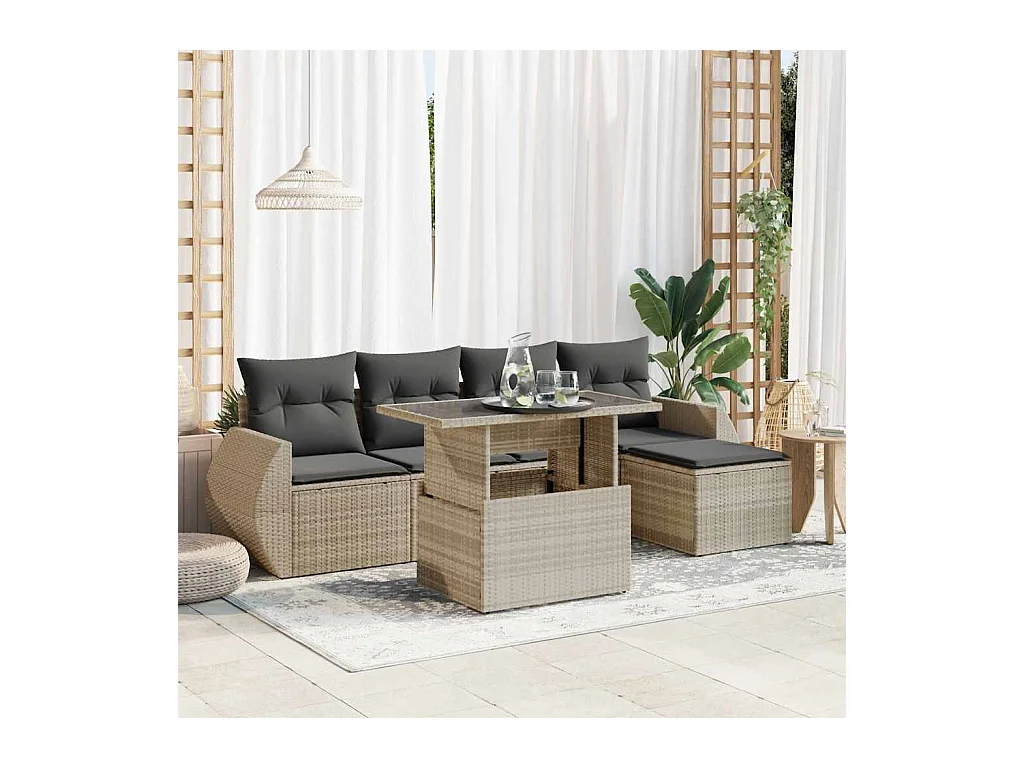 Salon de jardin 6 pcs avec coussins gris clair résine tressée