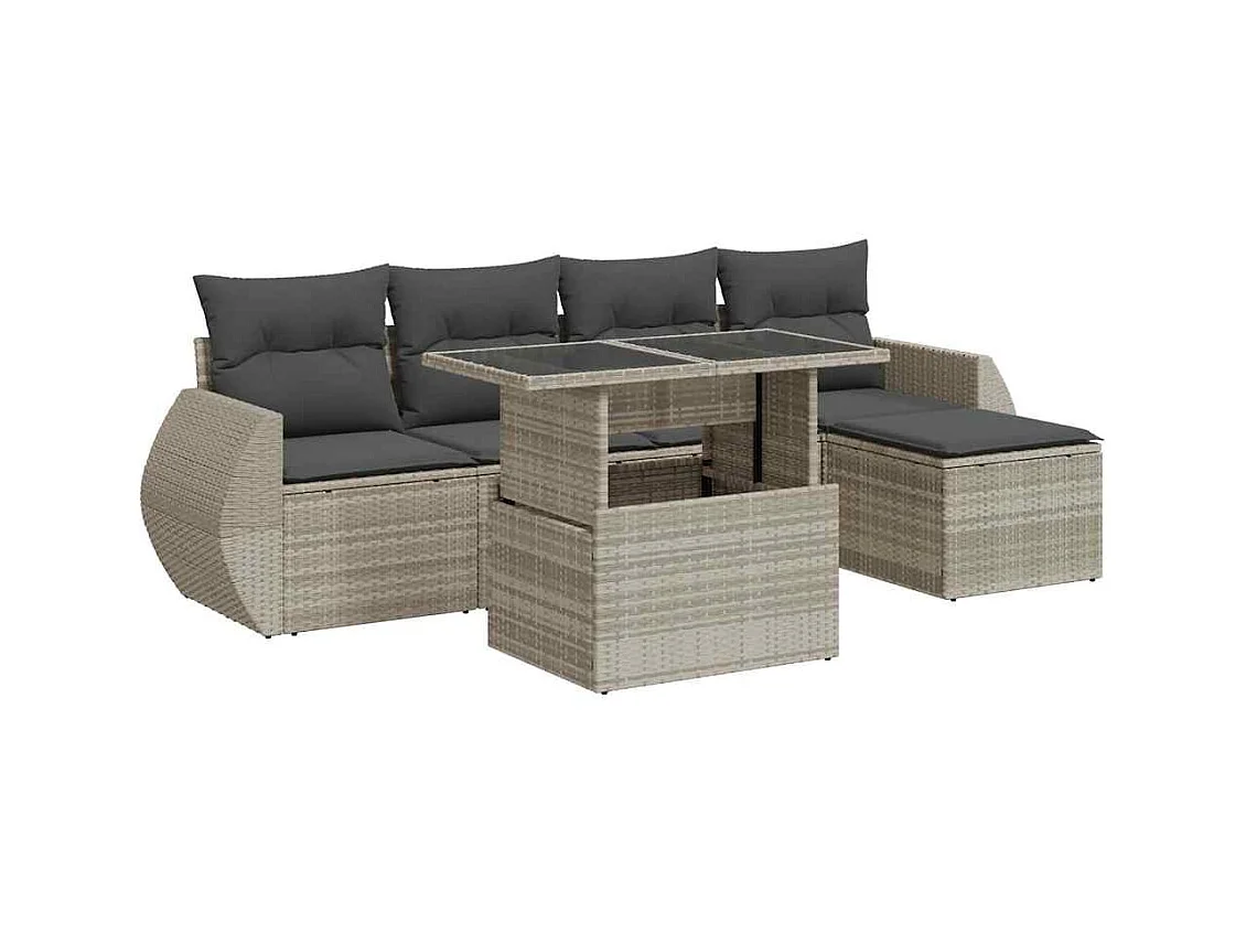 Salon de jardin 6 pcs avec coussins gris clair résine tressée