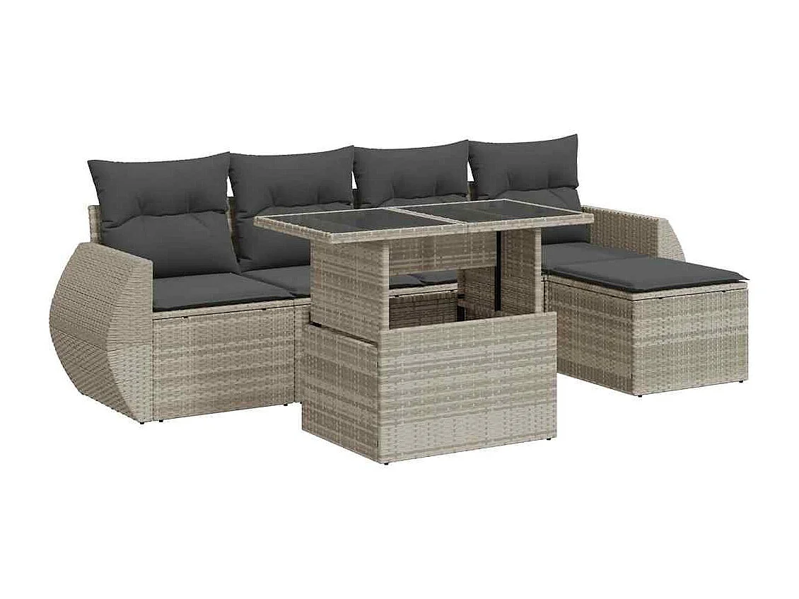 6-tlg. Garten-Sofagarnitur mit Kissen Hellgrau Poly Rattan