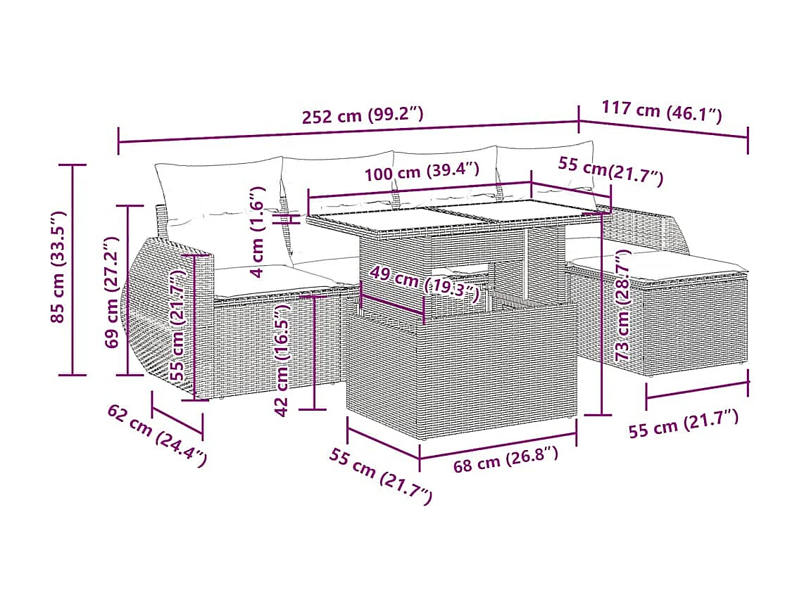 Set de sofás de jardín 6 pzas y cojines ratán sintético gris