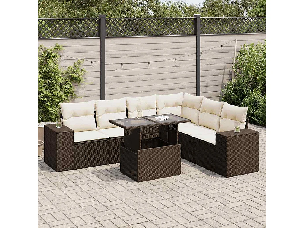 Salon de jardin avec coussins 7 pcs marron résine tressée
