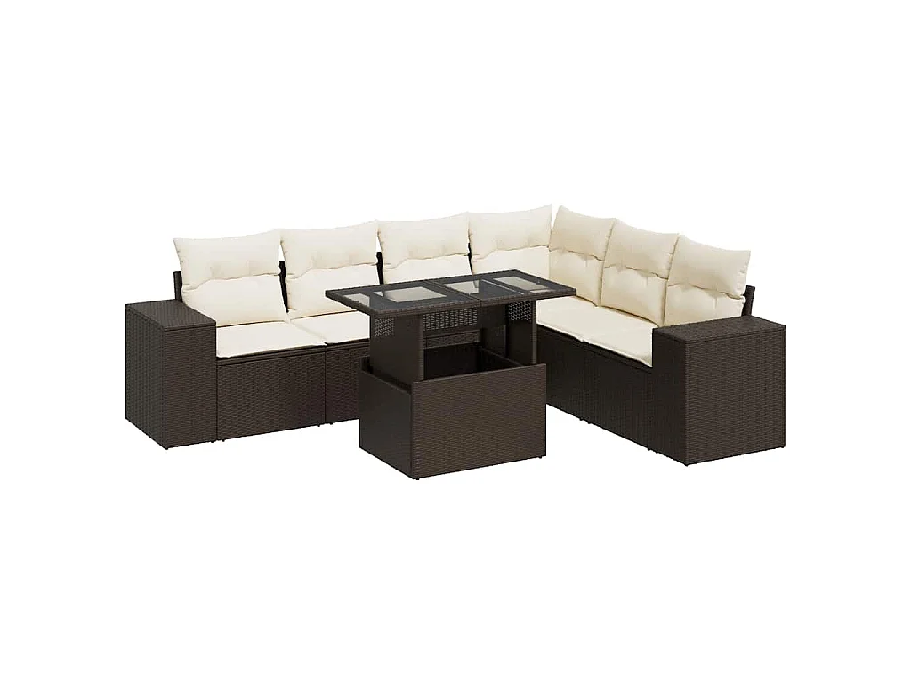 7-delige Loungeset met kussens poly rattan bruin