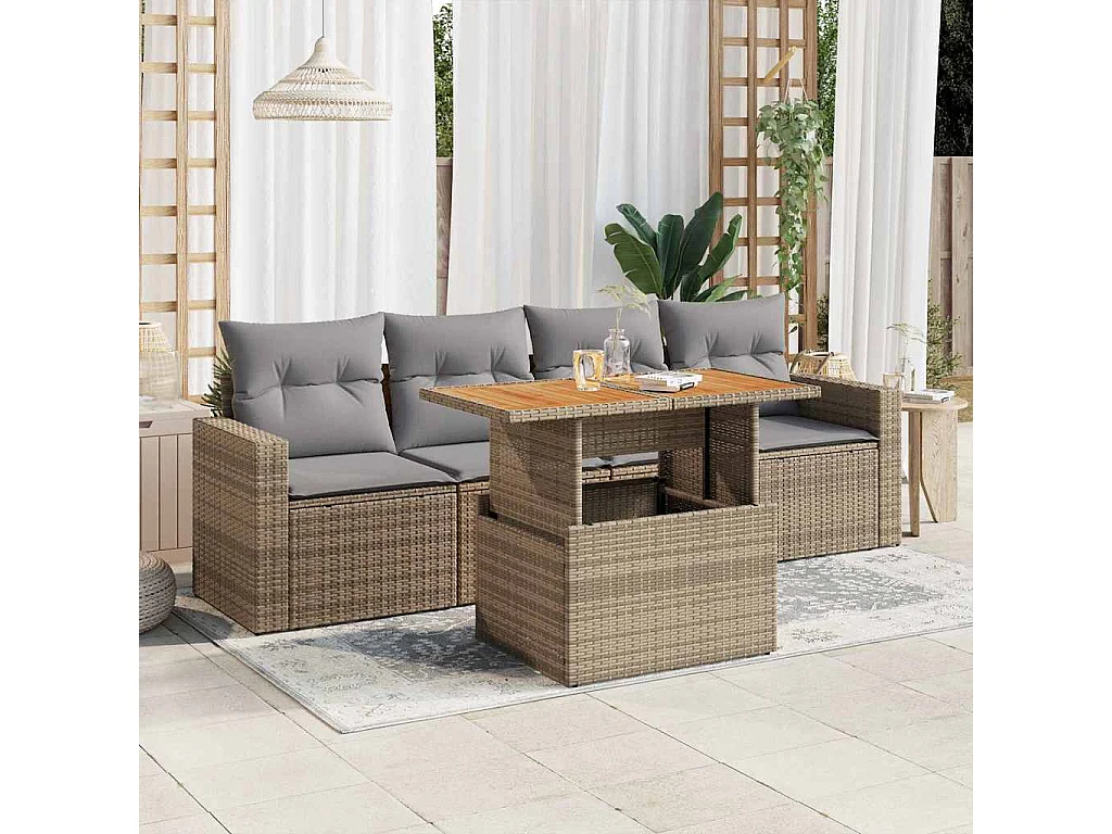 Salon de jardin avec coussins 5 pcs beige résine tressée